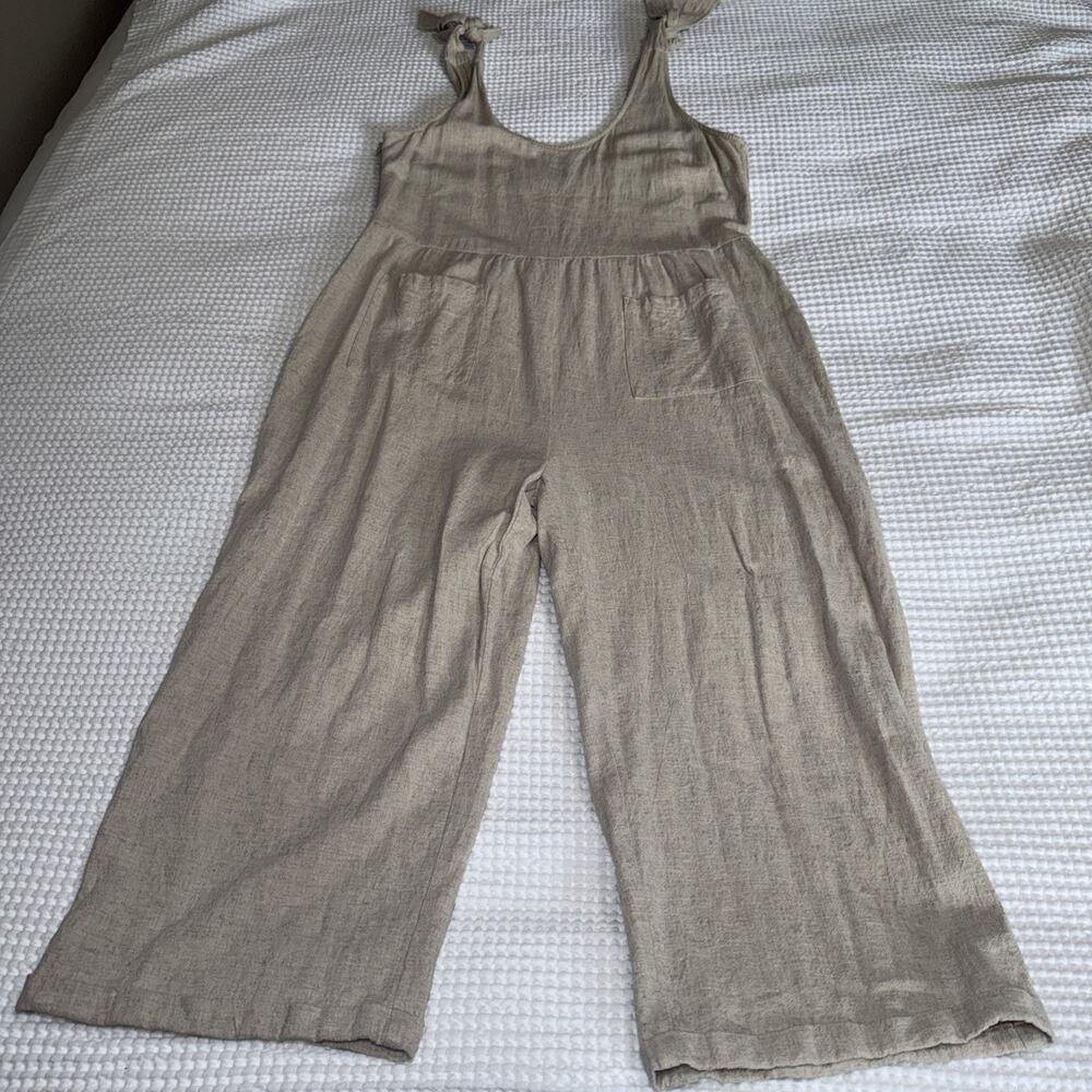Zesica Linen Blend Sleeveless Romper Large Oatmeal Lagenlook Wide Leg Crop EUC